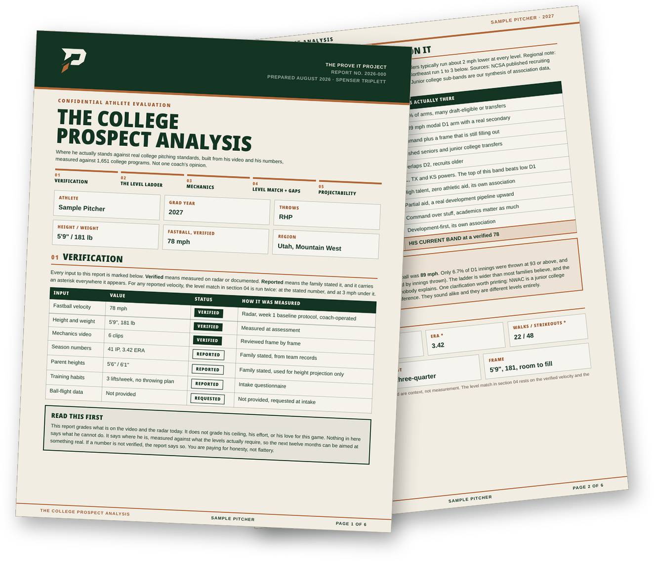 Sample pages of the College Prospect Analysis: verification table and the level ladder